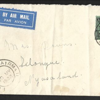 Nyasaland 1933 flight cover from Limbe to Lilongwe