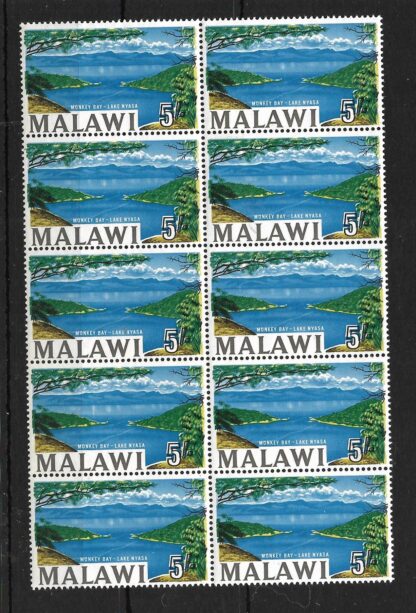 Malawi 1964 QEII Five Shillings block 10 with shift of blue u/mint