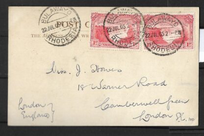 Rhodesia 1905 Victoria Fall One Penny pair with BULAWAYO DCAJ on a postcard of Victoria Falls