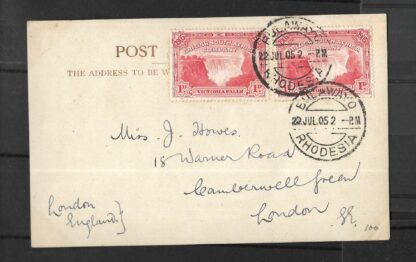 Rhodesia 1905 Victoria Falls One Penny pair with BULAWAYO (DCAJ) on Victoria Falls postcard