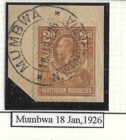 Northern Rhodesia 1926 GV Two Pence with MUMBWA (DC) postmark