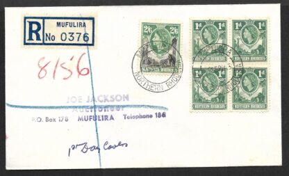 Northern Rhodesia 1953 One Penny pair and Two Shillings and Six Pence on Registered First day cover