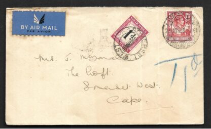 Northern Rhodesia 1940 GVI uncensored cover to South Africa taxed on arrival