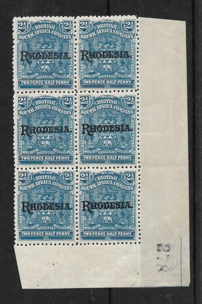 Rhodesia, 1909 Two and a HalfPence Block with sheet No SG 103 mint