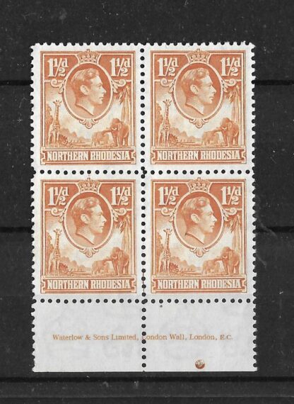 Northern Rhodesia 1938 GVI One and a HalfPence Imprint block 4 mint