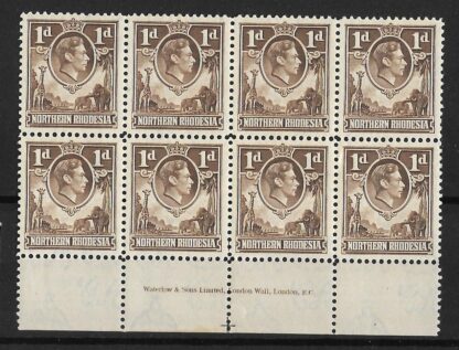 Northern Rhodesia 1938 GVI One Penny Imprint block 8 mint