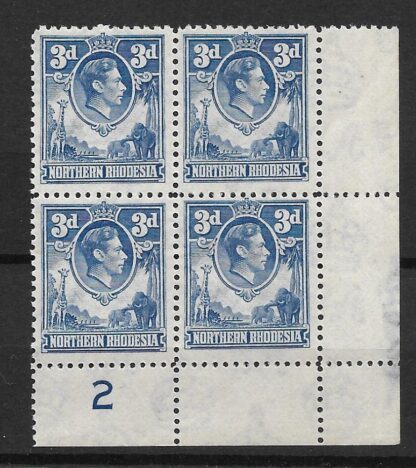 Northern Rhodesia 1938 GVI Three Pence Plate 2 block of 4 mint