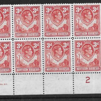 Northern Rhodesia 1938 GVI Three Pence Imprint/Plate 2 block of 12 mint
