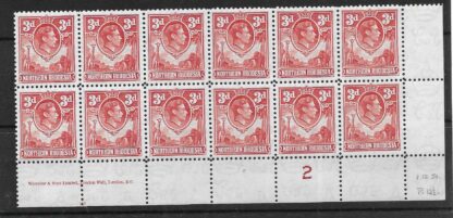 Northern Rhodesia 1938 GVI Three Pence Imprint/Plate 2 block of 12 mint