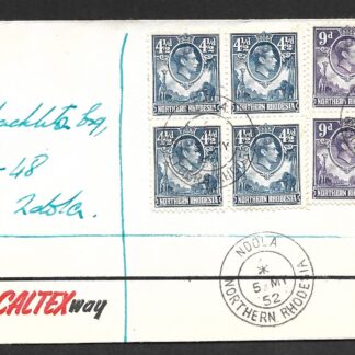 Northern Rhodesia 1952 GVI Four and a HalfPence and Nine Pence blocks on Caltex envelope
