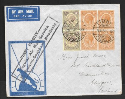 Nyasaland 1934 GV First Flight cover from Limbe to Glasgow