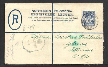 Northern Rhodesia 1945 GV1 uprated Registered Letter to United States