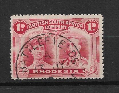 Rhodesia Double Head One Penny with BATTLEFIELDS Code A Day Month (Skeleton) postmark