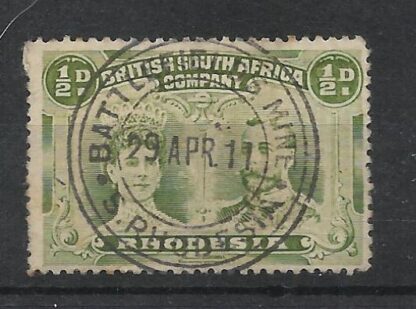 Rhodesia Double Head HalfPenny with BATTLEFIELDS MINE Broken 2 in day (TC) postmark