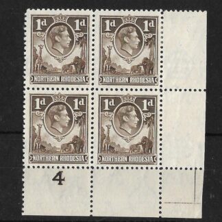 Northern Rhodesia 1948 GVI One Penny corner block with Plate 4 SG 27a u/mint