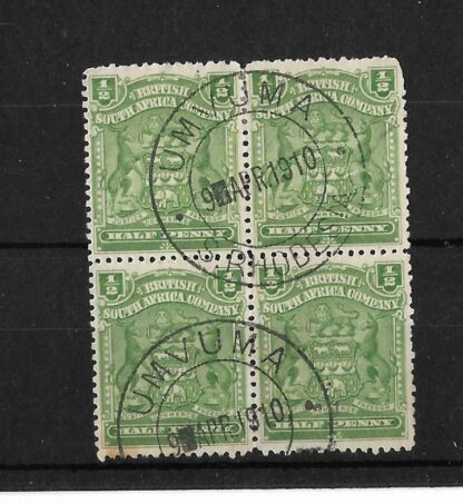 Rhodesia 1898 HalfPenny block with UMVUMA Blank after Day (DC) postmark