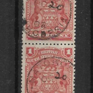Rhodesia 1898 One Penny pair with MATOKOS (SC) dated OC 20 08 (20 in manuscript) postmark