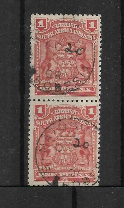 Rhodesia 1898 One Penny pair with MATOKOS (SC) dated OC 20 08 (20 in manuscript) postmark