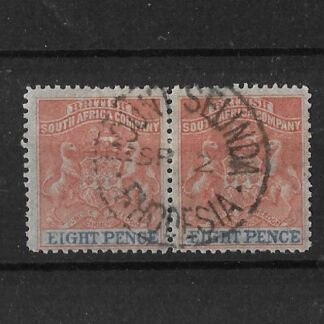 Rhodesia 1892 Eight Pence pair with MOUNT SELINDA Month Day (SC) postmark