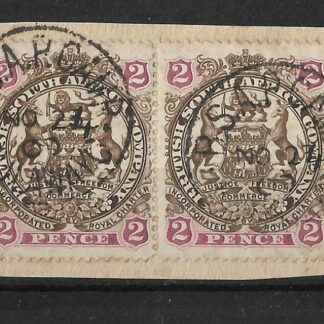 Rhodesia 1897 Two Pence pair with BSAP CAMP BULAWAYO Day in manuscript (SC) postmark
