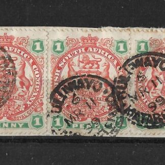 Rhodesia 1897 One Penny strip of three with BULUWAYO code 6 (SC) postmark