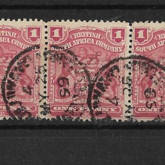 Rhodesia 1898 One Penny strip with BULUWAYO code 4 (SC) postmark
