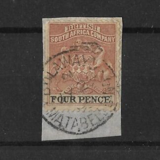 Rhodesia 1892 Four Pence with BULAWAYO code 2 sideways (SC) postmark