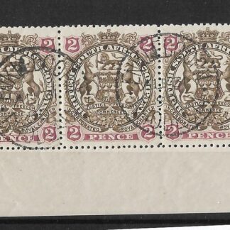 Rhodesia 1897 Two Pence strip with ENKLEDOORN Month Day (SC) postmark