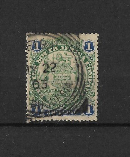 Rhodesia 1896 One Shilling with FEIRA (Square Circle) postmark