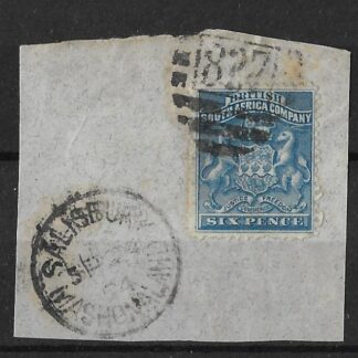 Rhodesia 1892 Six Pence on proving piece with SALISBURY (SC) and Barred 827 postmark