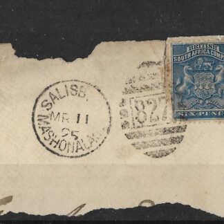 Rhodesia 1892 Six Pence on proving piece with SALISBURY (SC) and 827 postmark