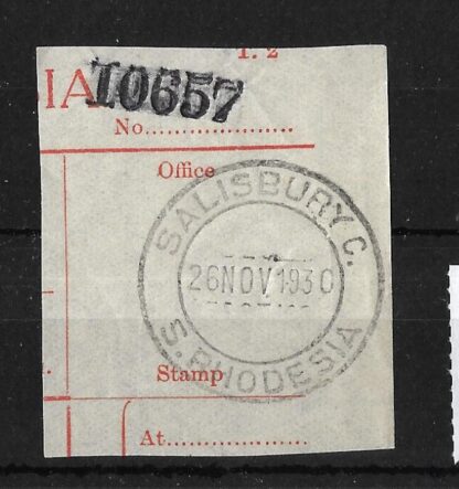 Southern Rhodesia GV with SALISBURY C (DC) postmark on GPO Form