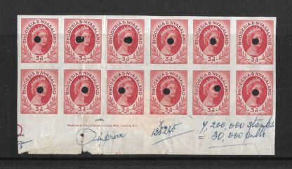 Rhodesia/Nyasaland QEII 1954 Three Pence Printers Proof block