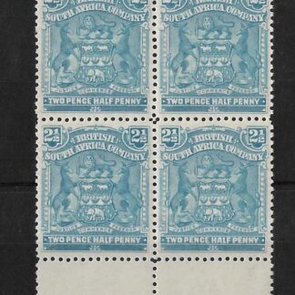 Rhodesia 1898 Two and a HalfPence SG 80 marginal block unmounted mint