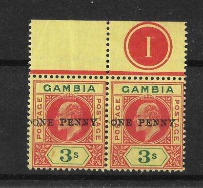 Gambia 1906 EVII One Penny on Three Shillings Plate pair SG 70 mint