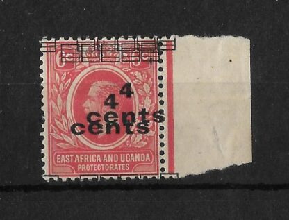 East Africa 1919 GV Four Cents on Six Cents doubled overprint SG 64b mint