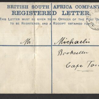 Rhodesia 1896 Registered envelope used from Bulawayo to Cape Town