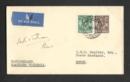 Northern Rhodesia 1934 First Flight Lusaka to Mongu pilot signed cover