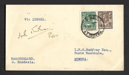 Northern Rhodesia 1939 First Flight cover Fort Jamerson to Mumbwa signed by pilot
