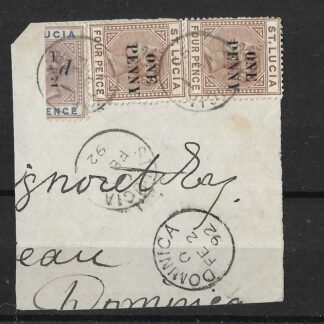 St Lucia 1892 QV Three Surcharged stamps on dated piece