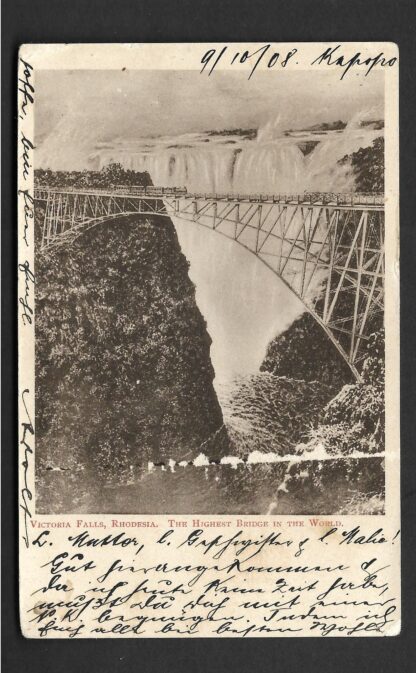 Rhodesia 1908 Picture Postcard Victoria Falls Bridge sent to Germany HG 11a