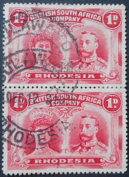 Rhodesia Double Head One Penny pair with OD flaw and BULAWAYO (DCA) postmark