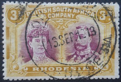 Rhodesia Double Head Three Pence with LONELY MINE (DC) postmark