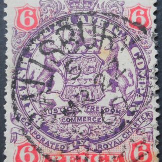 Rhodesia 1896 Six Pence with SALISBURY Code 5 Month Day (SC) postmark