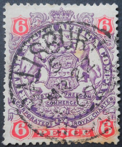 Rhodesia 1896 Six Pence with SALISBURY Code 5 Month Day (SC) postmark