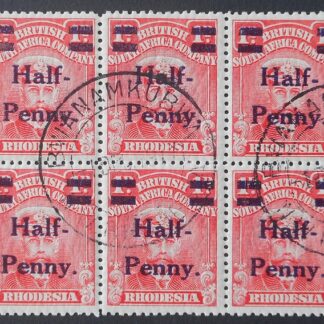 Rhodesia Admiral HalfPenny Livingstone overprint block of ten with BWANAMKUBWA (DC) postmark