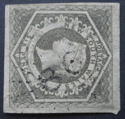 New South Wales 1854 Six Pence Grey imperf SG 94 with barred numeral 6 postmark