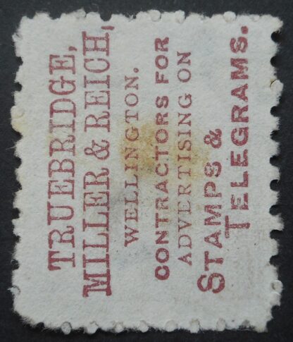 New Zealand 1893 Two Pence p10 with Truebridge Miller Reich advert SG 219i used