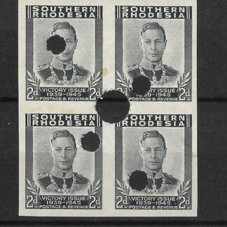 Southern Rhodesia 1947 Victory Two Pence Imperf Punched Proof block
