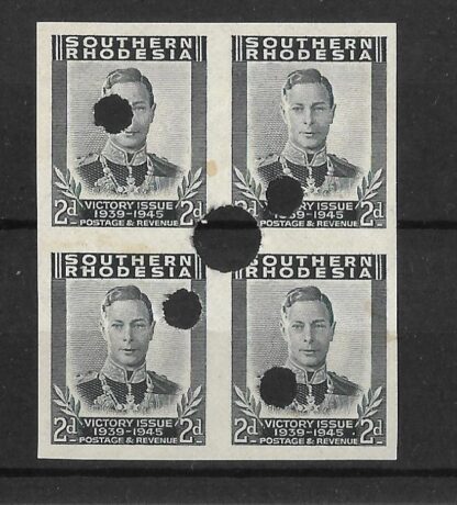 Southern Rhodesia 1947 Victory Two Pence Imperf Punched Proof block